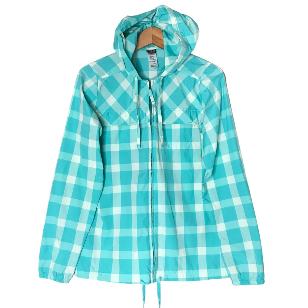 Women's Small Patagonia Check Gingham Shell Jacket Coat Aqua Cream Windbreaker